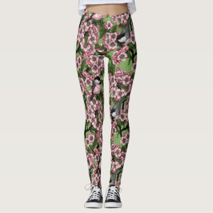 Cherry blossom and chickadees on green leggings