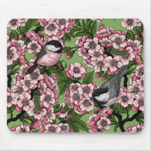 Cherry blossom and chickadees on green mouse mat