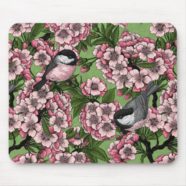 Cherry blossom and chickadees on green mouse mat (Front)