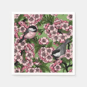 Cherry blossom and chickadees on green napkin