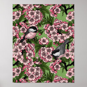 Cherry blossom and chickadees on green poster