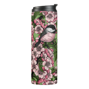 Cherry blossom and chickadees on green thermal tumbler