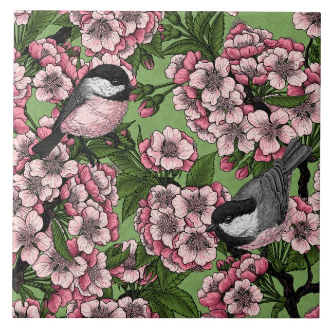 Cherry blossom and chickadees on green tile (Front)