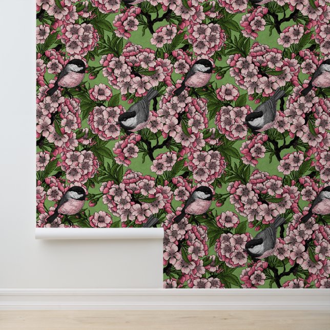 Cherry blossom and chickadees on green wallpaper (Application)