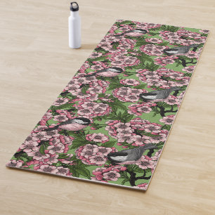 Cherry blossom and chickadees on green yoga mat