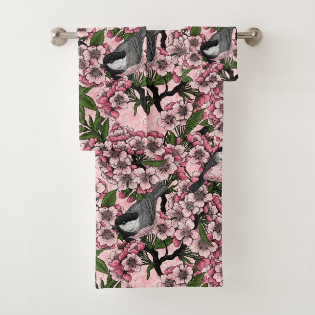 Cherry blossom and chickadees on pink bath towel set (Insitu)