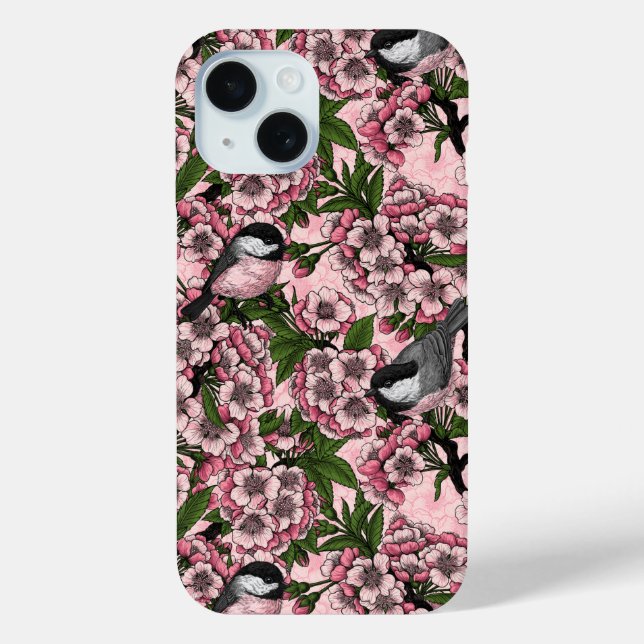Cherry blossom and chickadees on pink Case-Mate iPhone case (Back)