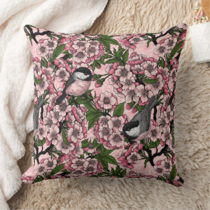 Cherry blossom and chickadees on pink cushion