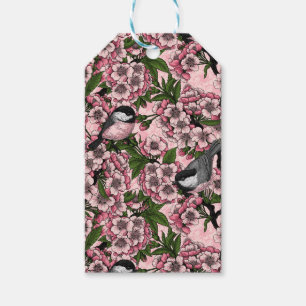 Cherry blossom and chickadees on pink gift tags