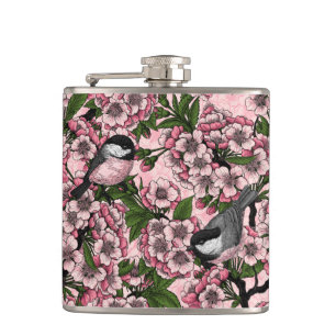 Cherry blossom and chickadees on pink hip flask