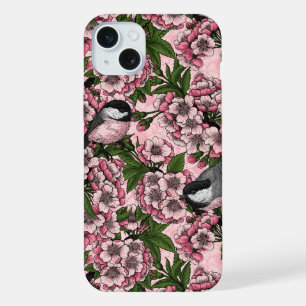 Cherry blossom and chickadees on pink iPhone 15 plus case