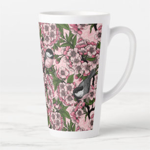 Cherry blossom and chickadees on pink latte mug