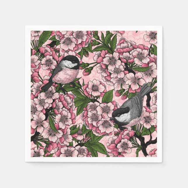 Cherry blossom and chickadees on pink napkin (Front)