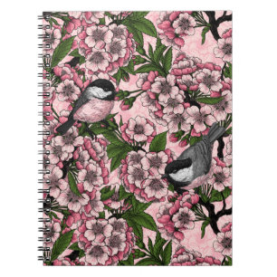 Cherry blossom and chickadees on pink notebook