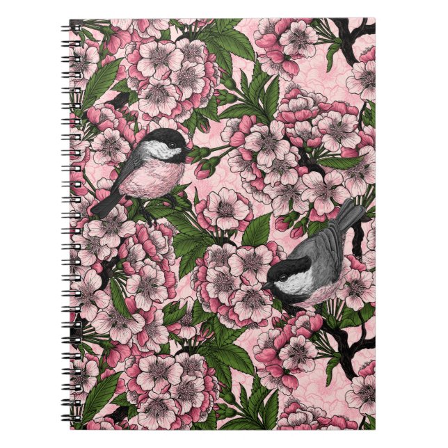 Cherry blossom and chickadees on pink notebook (Front)