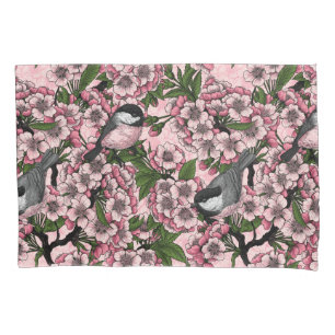 Cherry blossom and chickadees on pink pillowcase