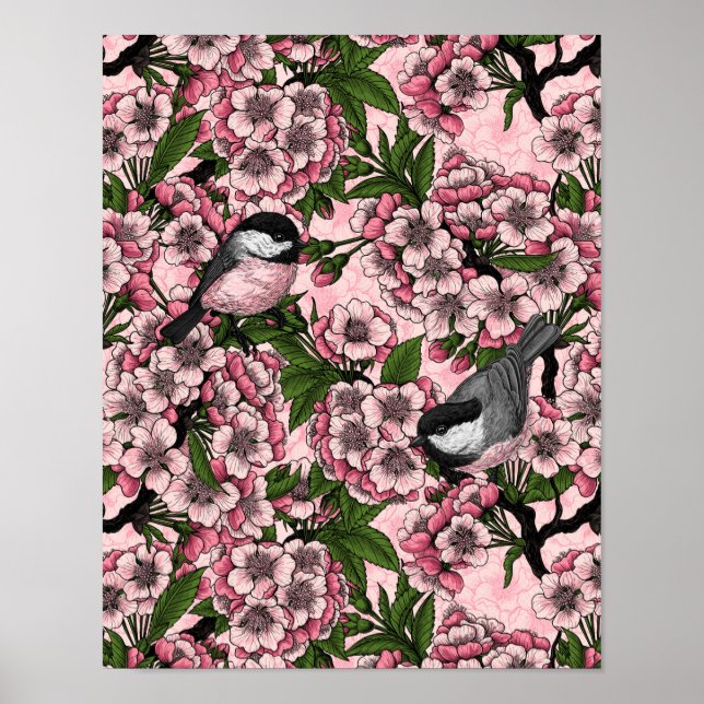 Cherry blossom and chickadees on pink poster (Front)
