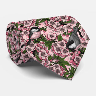 Cherry blossom and chickadees on pink tie