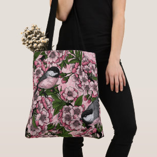 Cherry blossom and chickadees on pink tote bag