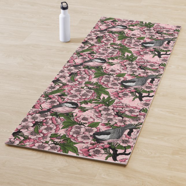 Cherry blossom and chickadees on pink yoga mat (In Situ)