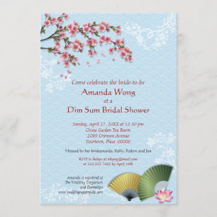 Cherry Blossom and Fans Dim Sum Blue Bridal Shower Invitation