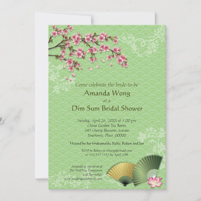 Cherry Blossom and Fans Dim Sum Jade Bridal Shower Invitation (Front)