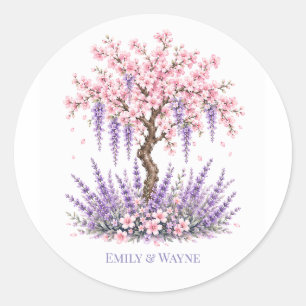 Cherry Blossom and Lavender Tree Wedding Classic Round Sticker