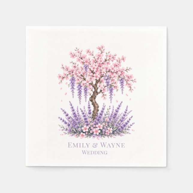 Cherry Blossom and Lavender Tree Wedding Napkin (Front)