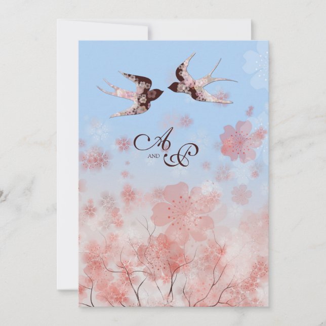 Cherry Blossom and Love Swallows Wedding Invitation (Front)