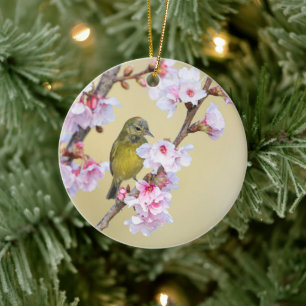 Cherry Blossom and Warbler Ceramic Tree Decoration
