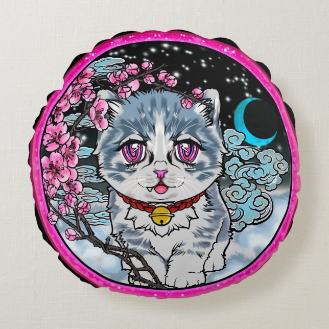 cherry blossom anime snow kitty  round cushion (Front)