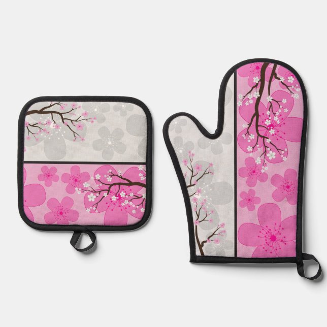 Cherry Blossom Banners Oven Mitt & Pot Holder Set (Front)