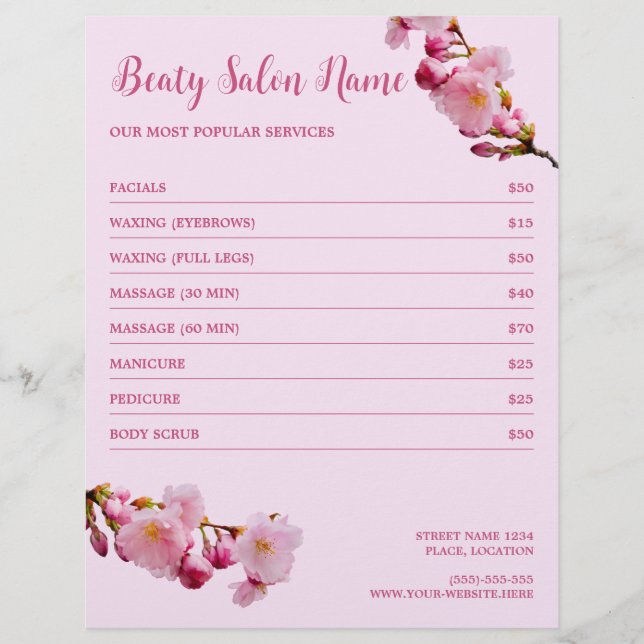 Cherry Blossom Beauty Salon Services Price List Flyer (Front)