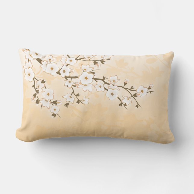 Cherry Blossom Beige Cream Asia Floral Lumbar Cushion (Front)