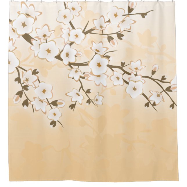 Cherry Blossom Beige Cream Asia Floral Shower Curtain (Front)