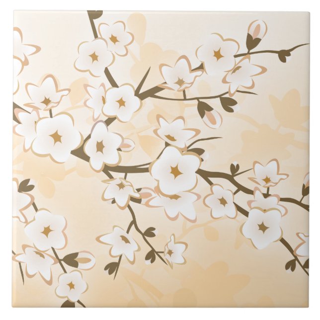 Cherry Blossom Beige Cream Floral Asia Tile (Front)
