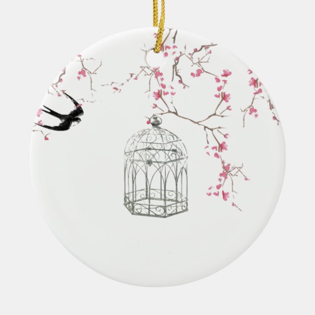 Cherry blossom, bird, birdcage - original, stylish ceramic tree decoration (Front)