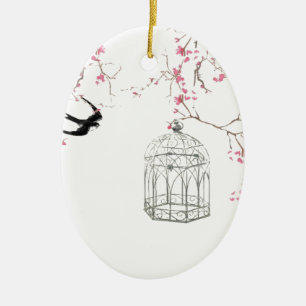 Cherry blossom, bird, birdcage - original, stylish ceramic tree decoration