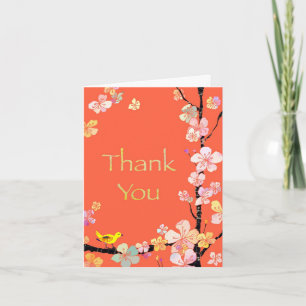 Cherry Blossom Bird Orange Thank You Card