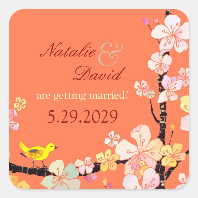 Cherry Blossom Bird Wedding Save the Date Square Sticker (Front)