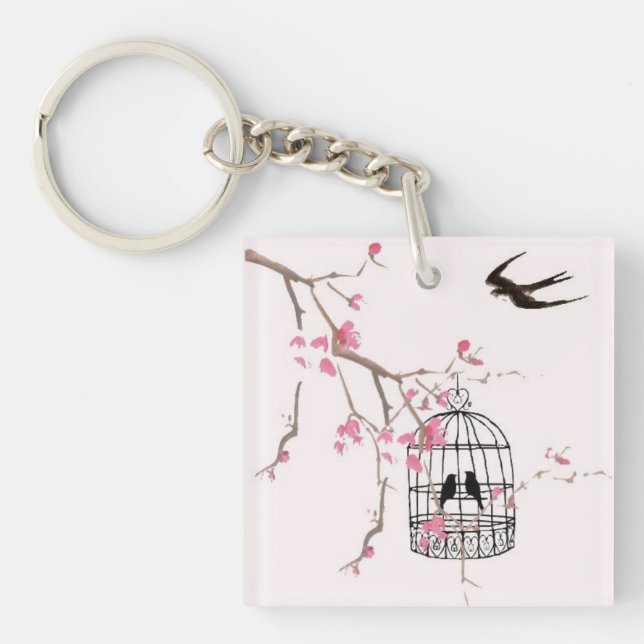 Cherry blossom birdcage keyring - unique special (Front)