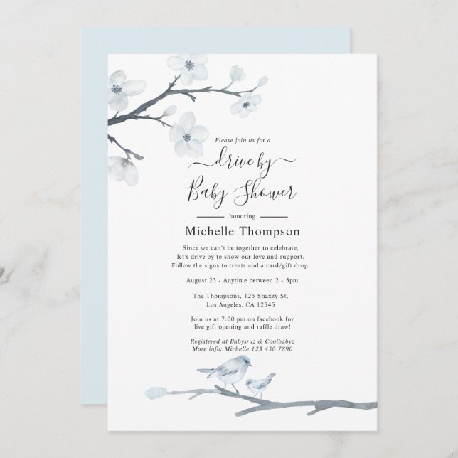 Cherry Blossom Birds Floral Drive By Baby Shower Invitation (Front/Back)