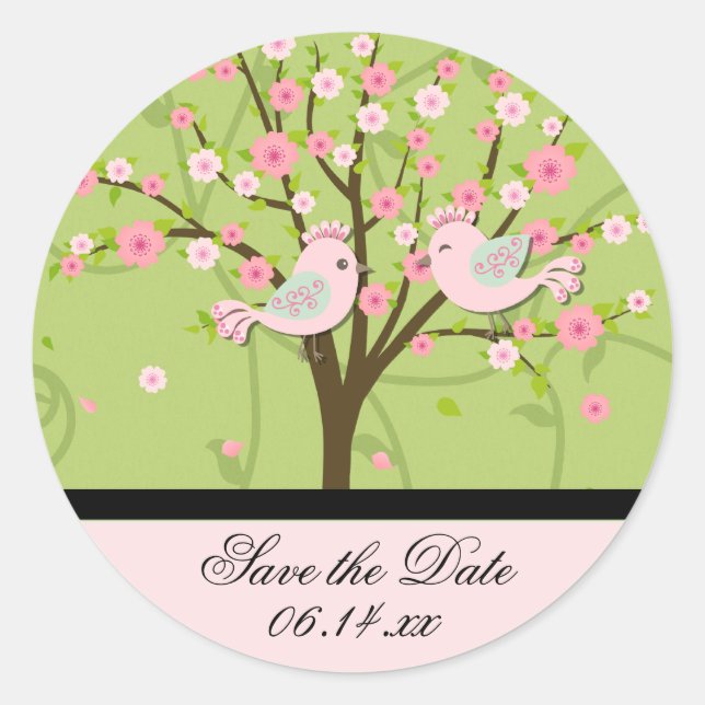 Cherry Blossom Birds Save the Date Round Stickers (Front)