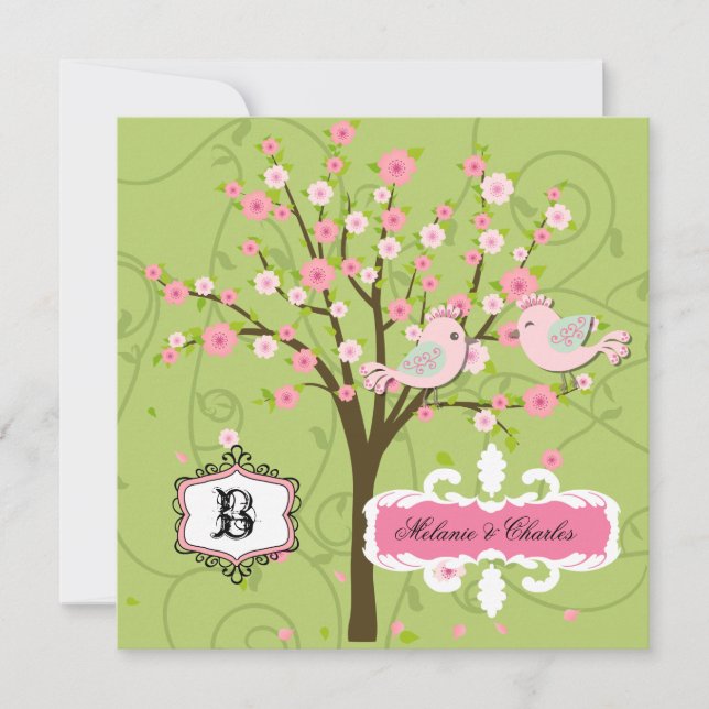 Cherry Blossom Birds Square Wedding Invitation (Front)