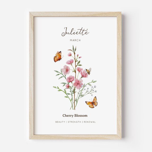 Cherry Blossom Birth Month Flower Poster (Example of cherry blossom birth flower poster once framed. )