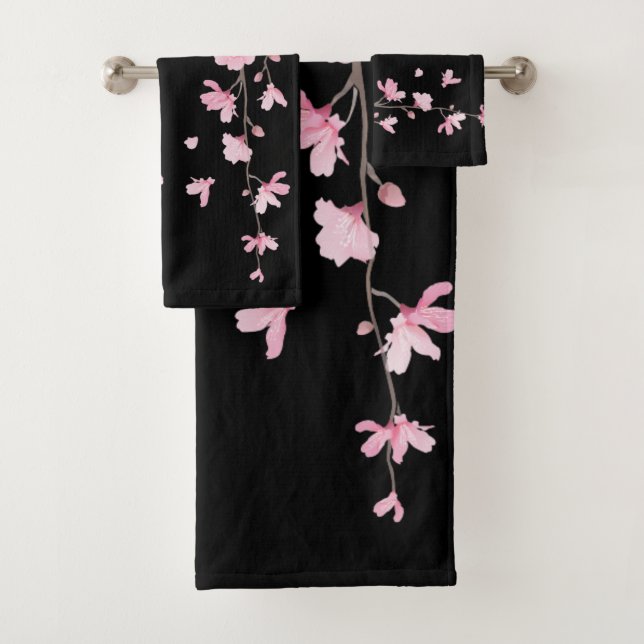 Cherry Blossom - Black Bath Towel Set (Insitu)
