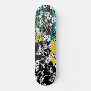 Cherry Blossom Black Cat Abstract Floral Skateboard