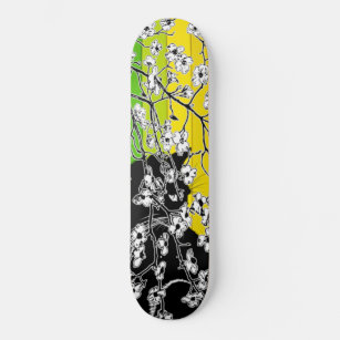 Cherry Blossom Black Cat Abstract Floral Stripes Skateboard