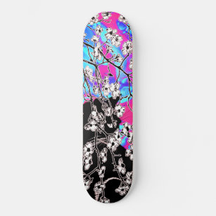 Cherry Blossom Black Cat Abstract sky Blue Floral  Skateboard