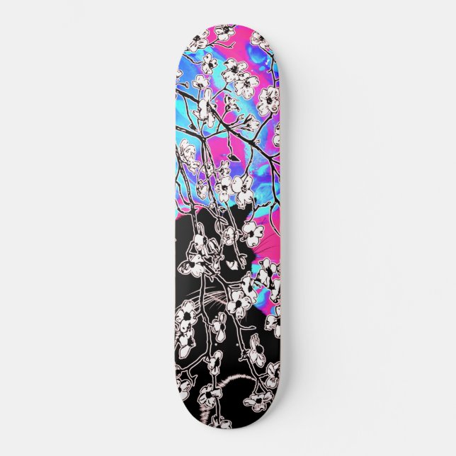 Cherry Blossom Black Cat Abstract sky Blue Floral  Skateboard (Front)